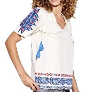 Anthropologie Pepin Women’s Size M White Red Blue Embroidered Cotton V-Neck Top